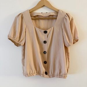 OLM Beige Puff-Sleeve Button Front Women's Top